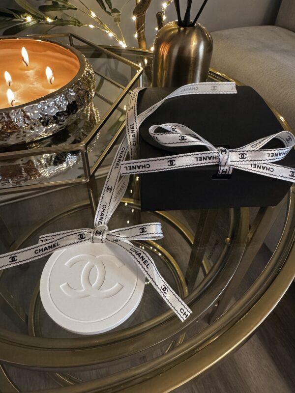 Chanel inspired car and home hanging air freshener perfect gift present anniversary and birthday - black and white ribbon - Image 2