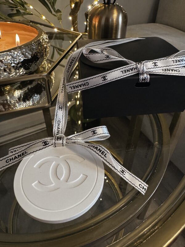Chanel inspired car and home hanging air freshener perfect gift present anniversary and birthday - black and white ribbon - Image 3