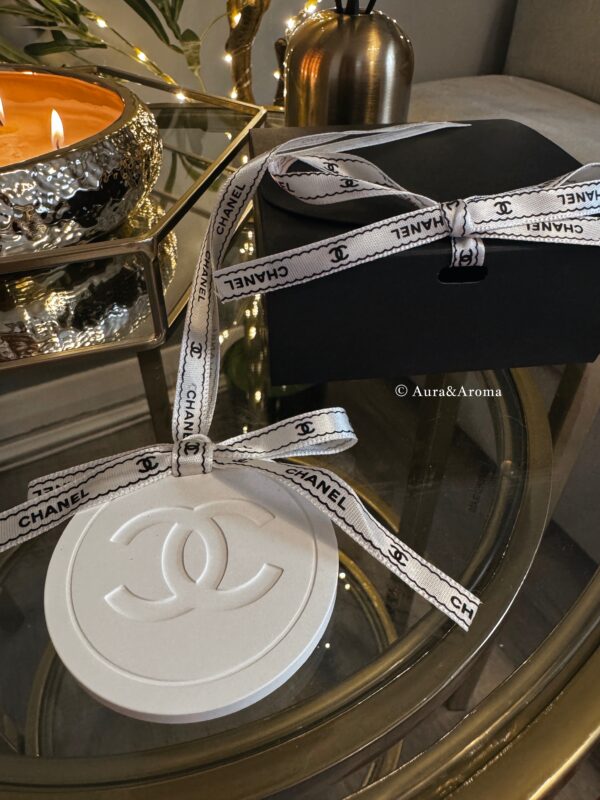 Chanel inspired car and home hanging air freshener perfect gift present anniversary and birthday - black and white ribbon - Image 4