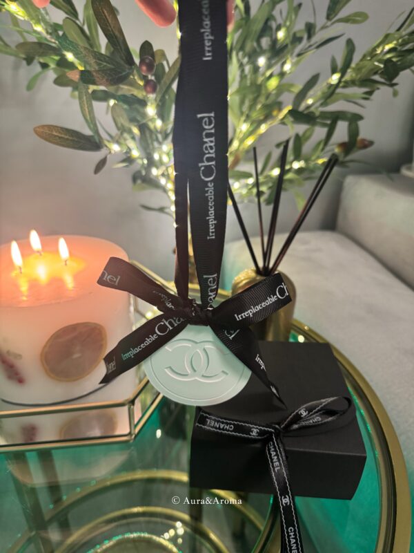 Chanel inspired car and home hanging air freshener perfect gift present anniversary and birthday - black ribbon - Image 3